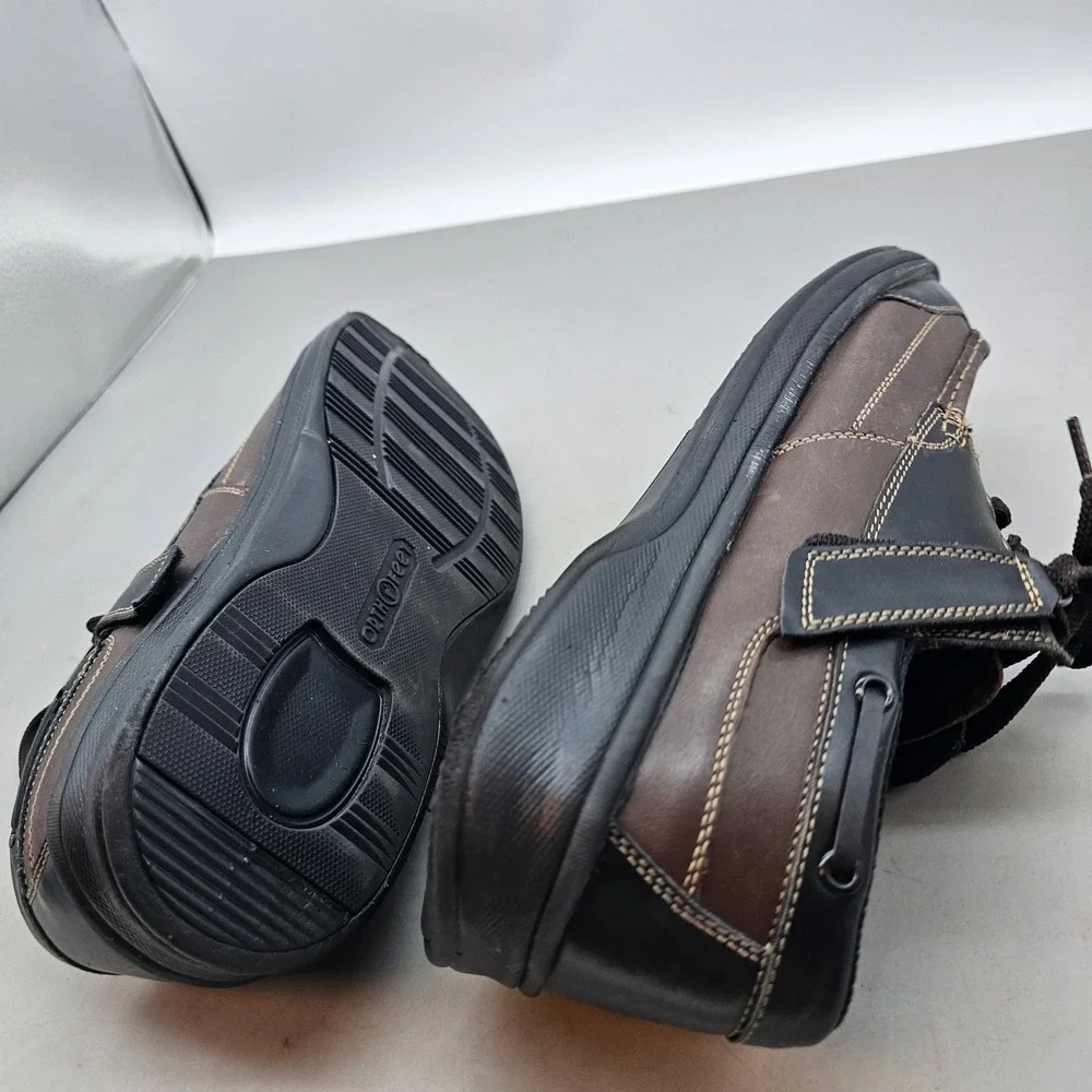 Orthofeet Mens Brown Black Leather Boat Shoes Lace Up Orthopedic Loafers 12in